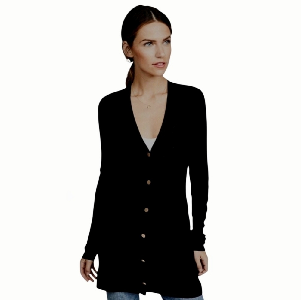 L'Agence Millie Black Chevron Knit V-neck Long Cardigan w Gold Tone Buttons XS